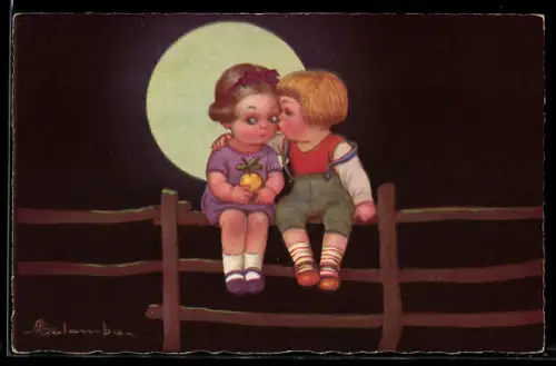Künstler-AK E. Colombo: Junge küsst ein Mädchen bei Vollmond