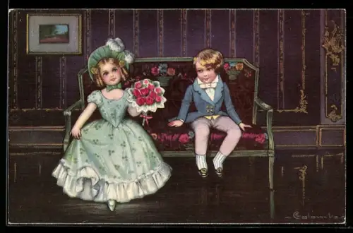 Künstler-AK E.Colombo: Mädchen im Kleid mit Rosenstrauss sitzt mit ihrem Freund auf einer Bank