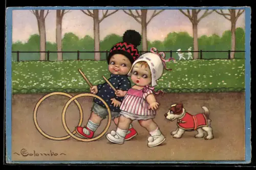 Künstler-AK E. Colombo: Kinder spielen mit Reifen im Park