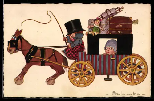 Künstler-AK E. Colombo: Vollgepackte Pferdekutsche mit edler Dame an Bord