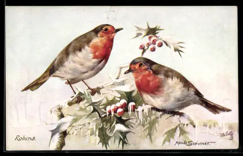 Künstler-AK Robins, Rotkehlchenpaar auf vereistem Zweig
