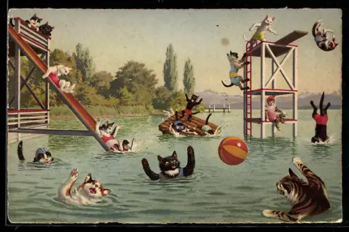 Künstler-AK Katzen am Badestrand mit Rutsche und Sprungturm