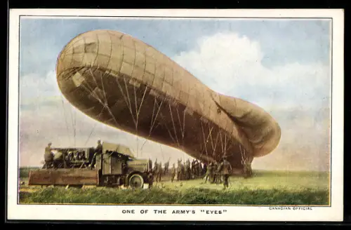 AK Britischer Heeres-Aufklärungsballon am Boden und Militär-Lastkraftwagen