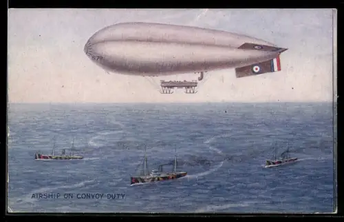 AK Zeppelin im Flug über eine Schiffsflotte