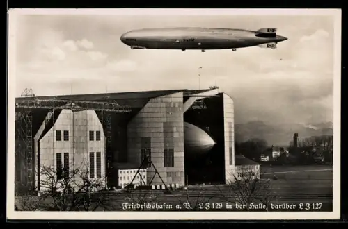 AK Friedrichshafen a. B., LZ 129 in der Halle, darüber LZ 127, Zeppeline