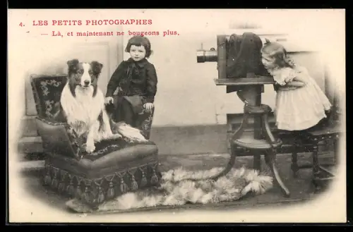 AK Là, et maintenant ne bougeons plus, Junge und Hund vor dem Fotoapparat