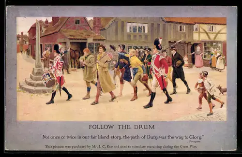 AK Follow the Drum, Männer folgen zwei britischen Soldaten in Uniformen mit einer Trommel