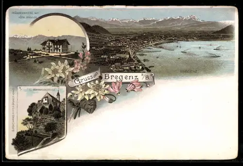 Lithographie Bregenz, Pfänderspitze mit Hotel Pfänder, St. Gerhardskapelle, Gesamtansicht