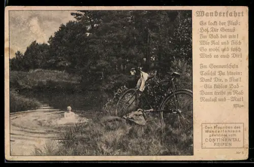 AK Continental-Reifen für Fahrräder, Gedicht Wanderfahrt von Wigo, Fahrradfahrer badet im See