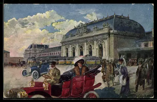 Künstler-AK G. Guerzoni: Milano, Stazione Centrale, Strassenbahnen vor dem Bahnhof