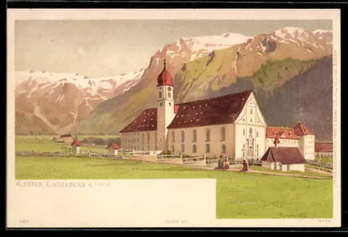 Künstler-AK Engelberg, Kloster mit Gebirgspanorama