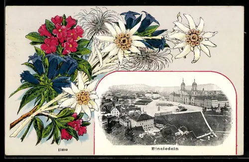 Passepartout-Lithographie Einsiedeln, Gesamtansicht mit Kloster, Blumenstrauss mit Edelweiss