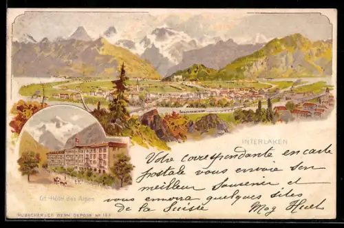 Lithographie Interlaken, Hotel des Alpes, Gesamtansicht mit Umgebung