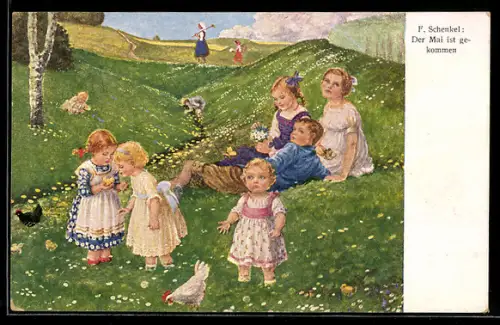 Künstler-AK Franziska Schenkel: Der Mai ist gekommen, Kinder auf einer Wiese sitzend und spielend