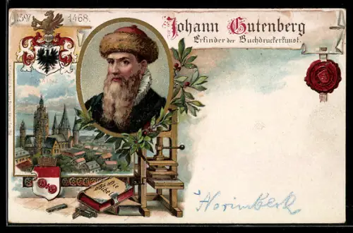 Lithographie Mainz, 500 jährige Gutenberg-Jubelfeier 1900, Buchdruck, Die Bibel, Wappen