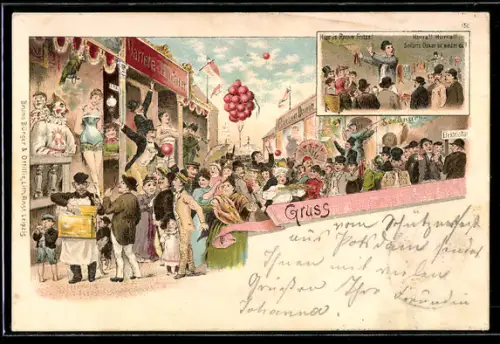 Künstler-AK Bruno Bürger & Ottillie Nr. 151: Volksfest, Variete-Theater, Renner Fritze, Würstchenverkäufer