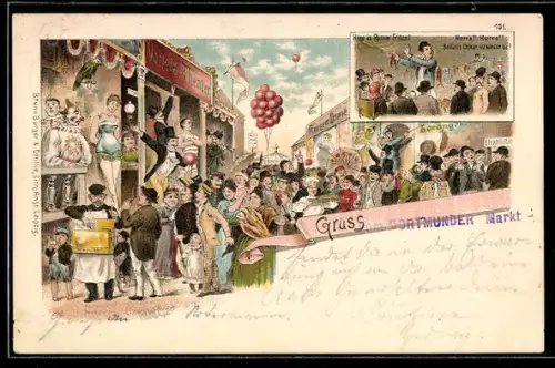 Lithographie Volksfest mit Varieté Theater und Seifarts Oskar