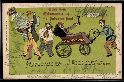 Künstler-AK Bruno Bürger & Ottillie Nr. 1501: Wir bleiben ledig..., Soldat in Uniform schiebt Kinderwagen, Mann mit Hund