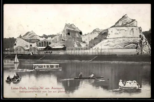 AK Leipzig, Ruderausflug auf dem See im Luna-Park, Gebirgsszeneriebahn vom See gesehen