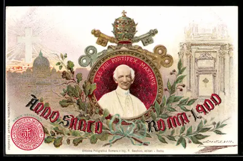 AK Papst Leo XIII., Vatikan-Wappen und Petersdom