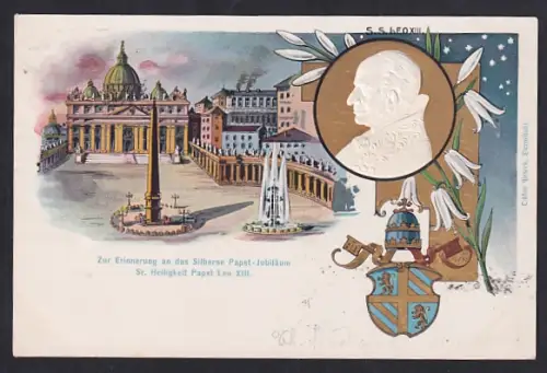 Lithographie Rom, Petersdom mit Petersplatz, Konterfei Papst Leo XIII.