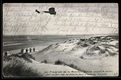 AK Traversée de la Manche, Blériot, avant de partir..., Flugzeug über dem Kanal