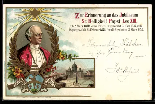 Lithographie Rom, Porträt von Papst Leo XIII., Petersplatz