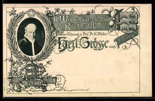 AK Rom, 3. Württemberg. Romfahrt 1903, Papst Leo XIII., Wappen