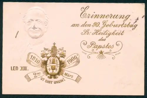 AK Neunzigster Geburtstag Sr. Heiligkeit des Papstes Leo XIII., 1810-1900, Wappen