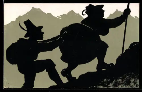 Künstler-AK Bergsteigen, die herzblättrige Kugelblume, Mann hilft einer Frau auf den Berg