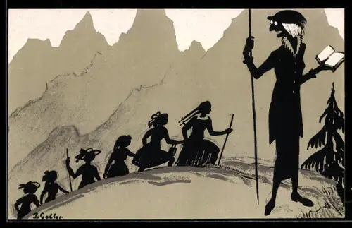 Künstler-AK Joseph Goller: Lämmergeier, Alte Frau mit Buch bei einer Wanderung