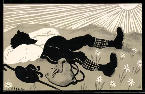 Künstler-AK Joseph Goller: Murmeltier, Wanderer liegt auf einer Wiese und ruht sich aus