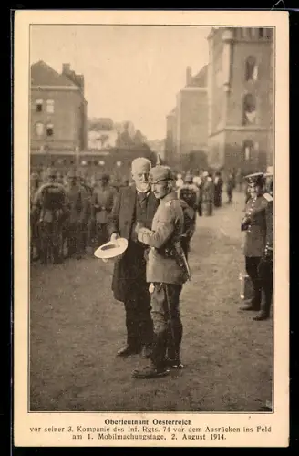 AK Hannover, Heerführer Oberleutnant Österreich vor seiner 3. Kompagnie des Inf.-Regts. 74 vor dem Ausrücken ins Feld