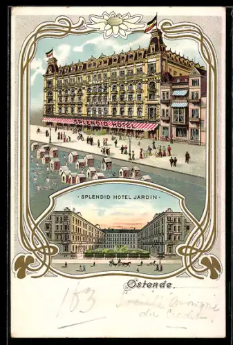 Lithographie Ostende, Splendid Hotel, Jardin, Nationalfahne