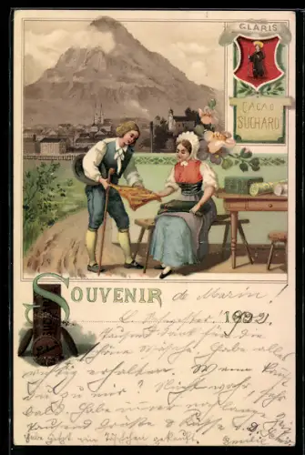 Lithographie Glaris, Reklame für Cacao Suchard, Blick zum Ort, Frau verkauft Stoffe, Wappen