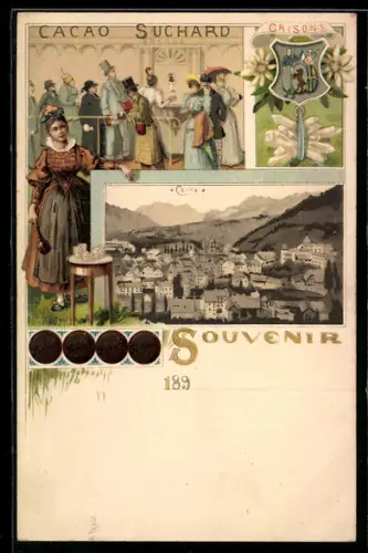 Lithographie Chur, Kakao Suchard, Gesellschaft in Tracht bei einem Fest, Wappen
