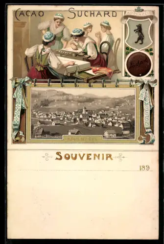 Lithographie Appenzell, Blick auf den Ort, Reklame für Cacao Suchard