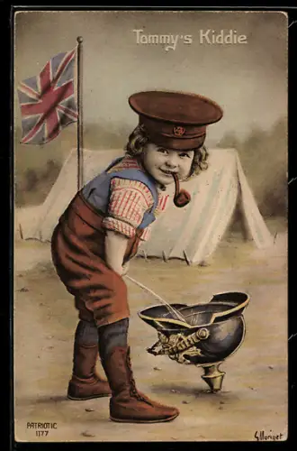 Künstler-AK Kind mit britischer Schirmmütze pinkelt in eine deutsche Pickelhaube