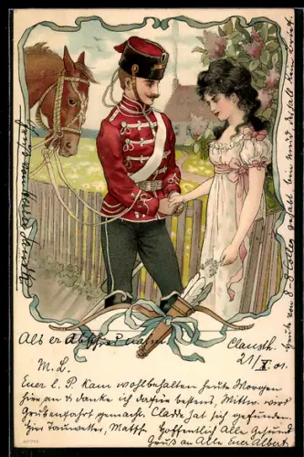 AK Jugendstil, Husar hält die Hand seiner Frau, Pferd, Pfeil & Bogen