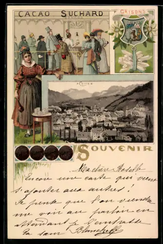 Lithographie Chur, Kakao Suchard, Gesellschaft in Tracht bei einem Fest, Wappen