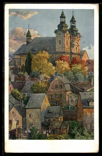 Künstler-AK Reichenberg-Liberec, Blick über die Wohnhäuser zur Kirche