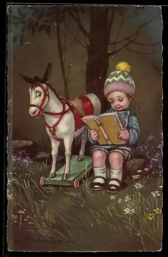 Künstler-AK E. Colombo: Kleiner Junge mit Buch und Schaukelpferd