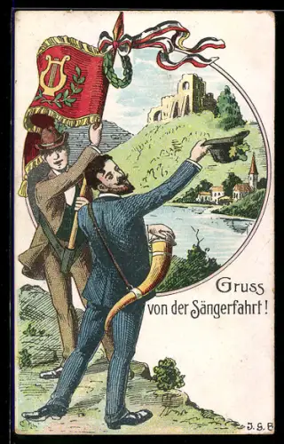 AK Sänger mit Fahne, Im Hintergrund Ruine, Sängerfahrt