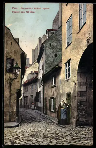 Künstler-AK Riga, Anwohner in einer Strasse