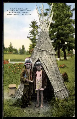 AK Heap Big Indians waiting to greet you, menominee Indian Reservation, Indianerkinder vor ihrem Zelt