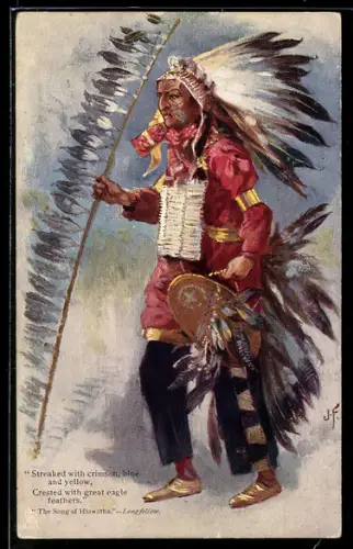Künstler-AK J. F.: The Song of Hiawatha - Longfellow, First Nation, Mann mit Federschmuck