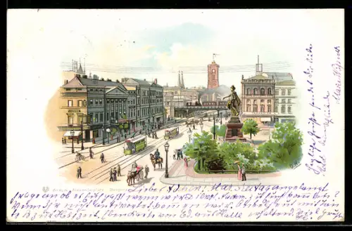 Lithographie Berlin, Alexanderplatz, Strassenbahn, Berolina