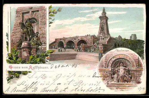Lithographie Kyffhäuser, Kaiser Wilhelm-Denkmal, Barbarossa und Reiterstandbild