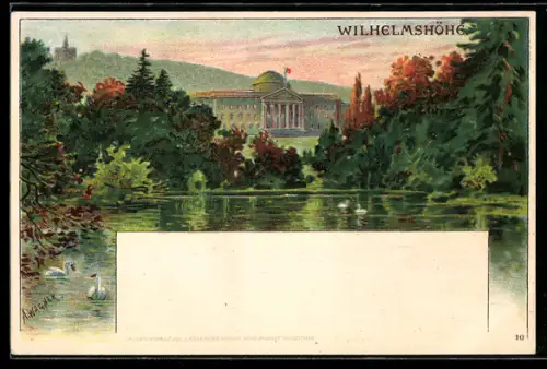 Lithographie Kassel-Wilhelmshöhe, Blick zum Schloss Wilhelmshöhe, Schwäne