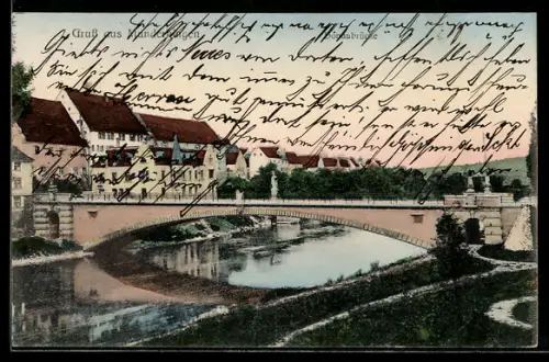 AK Munderkingen, Uferpartie mit Brücke